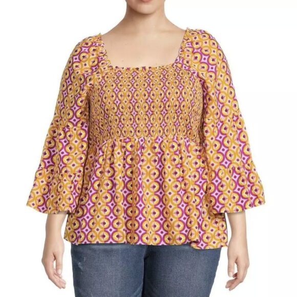 TERRA & SKY Plus Square Neck Cotton Blend Smocked Top Sz 1X - Picture 2 of 8